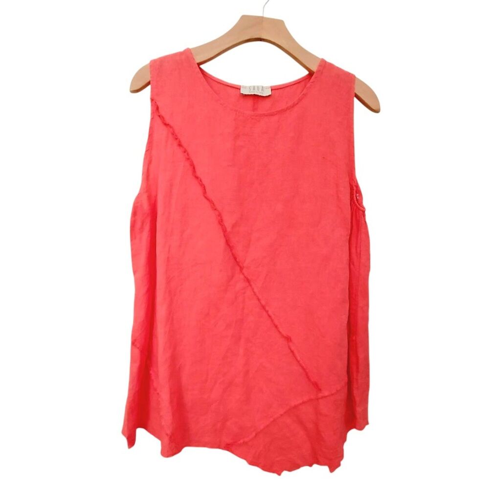 SAGA Linen Tank Top Womens Small Coral Pink Asymmetrical Raw Hem Boho Italy